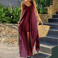 Vestido Largo Maxi Bohemio De Verano Para Mujer Sin Mangas Con Vuelos Y Bolsillos Estilo Casual Con Frontera Y Halter - details 2