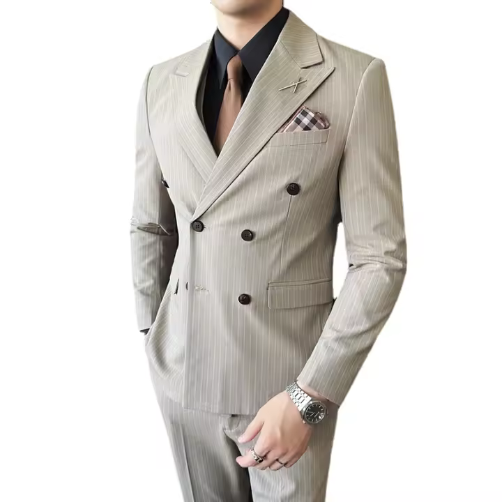 Traje Tres Piezas De Calidad Alta Con Rayas Y Color Sólido Estilo Coreano Traje Slim-fit Con Chaleco Y Pantalones Para Hombres - 1