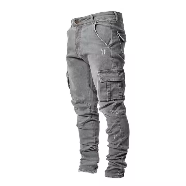 Jeans Elásticos Para Hombre En Denim Con Varios Bolsillos Estilo Casual Slim Fit mid Waist Pantalones De Ropa Diaria Cargo - 1