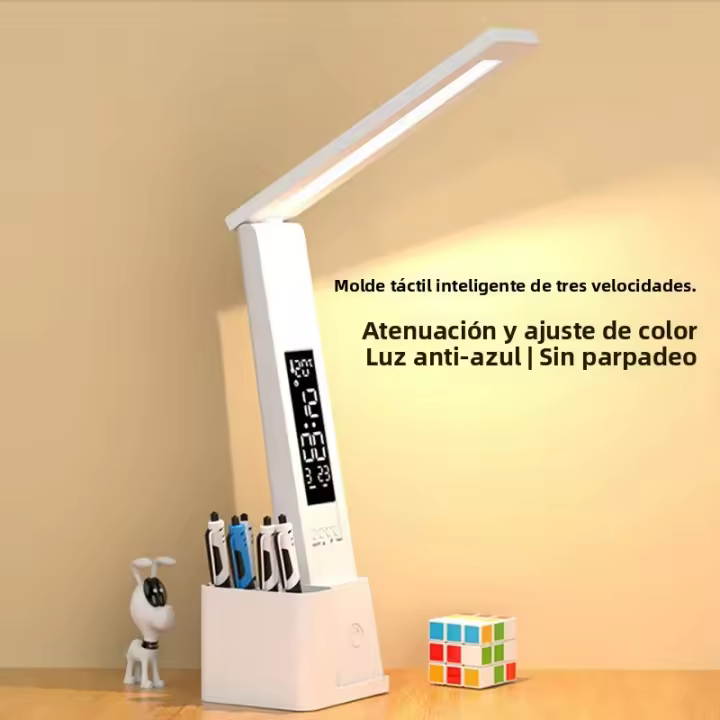 Lámpara De Escritorio Plegable Con Luz De Lectura Y Reloj LED Táctil USB Recargable Para Dormitorios Luz Dimmable Y Conector De Carga - 1