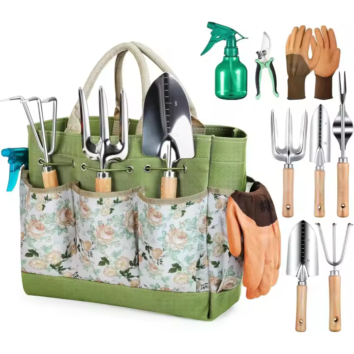 Juego de herramientas de jardinería de 9 piezas, juego de jardinería para adultos de Maple inoxidable, Kit de jardinería, Bolsa de jardinería, Tijeras de Podar, Pala de jardinería, Guantes, espátula y rake de mano, etc. - 1