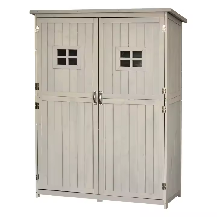 Outsunny Cobertizo de Madera Caseta Exterior Armario Herramientas de Jardinería Doble Puertas Techo Impermeable Compartimientos de Diferentes Tamaños 127.5x50x164cm Madera Maciza - 1
