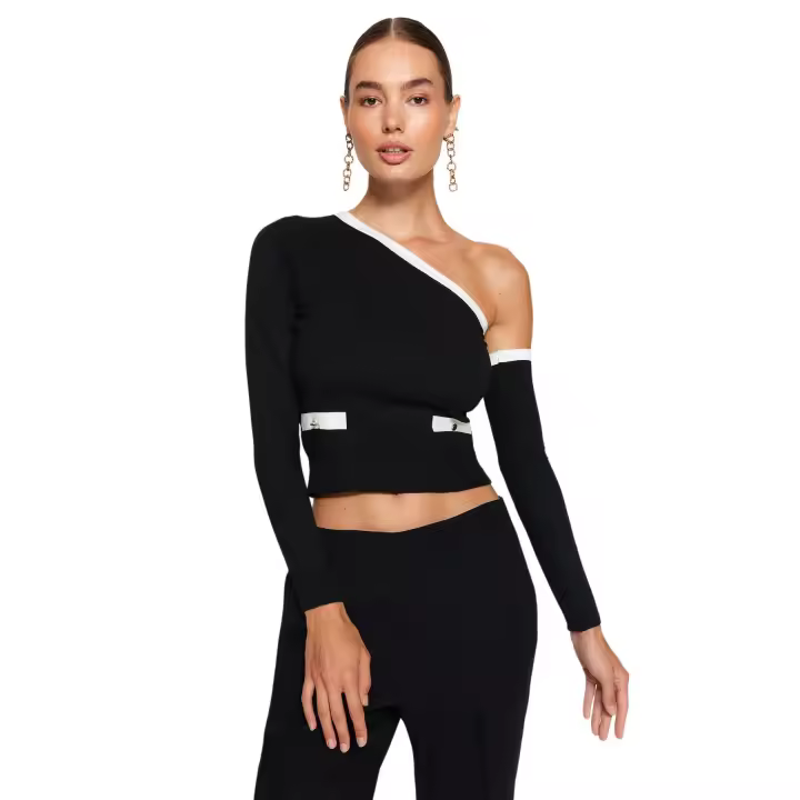 Trendyol Stone Crop One Shoulder Sleeve Detachable Premium Yarn/Special Yarn Knitwear Sweater Twoaw24Kz01148 - 1