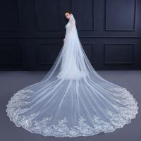 Velo De Novia Largo De Encaje Con Aplicaciones Y Lentejuelas Blanco/Ivory Con Cremallera 3M/4M/5M Un Solo Capa Estilo De Borde De Aplicación Para Mujeres - details 3