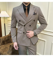 Traje De Negocios Slim Fit Doble Botón De Color Sólido Dos Piezas Coreano Elegante Para Hombres Con Pantalones Talla S-7XL - details 20
