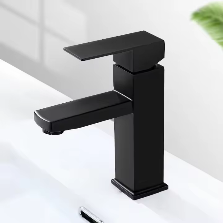Grifo monomando para lavabo Negro mate-mezclador Agua Fría/Caliente con Ahorro-Diseño cuadrado elege-Latón E inoxidable - Instalación fácil - 1