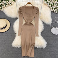 Vestido REALEFT De Mujer Otoño Invierno Con Cuello Cuadrado Manga Larga Y Acolchado De Puff Trasero Lateral Split Midi Casual - details 26