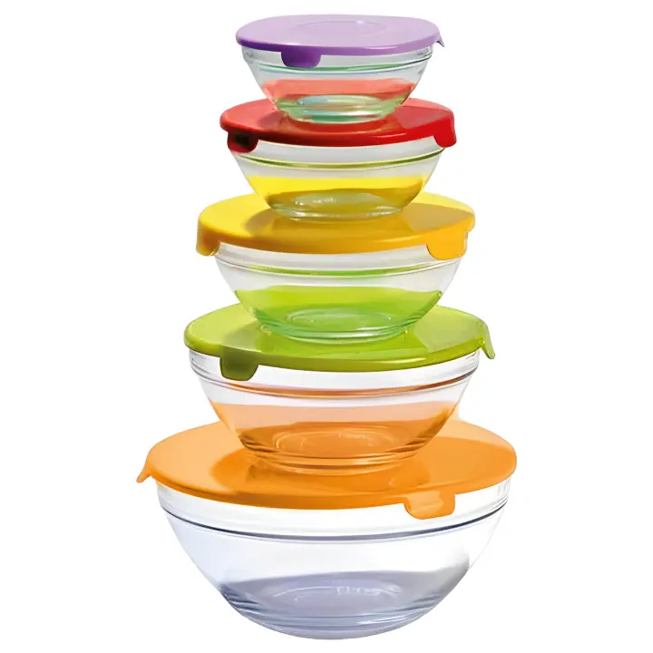 LILI HOME 🔹 Pack de Bowls de Cristal con Tapa🔹 ¡OJO! CON EL TAMAÑO: 900 ml Ø17 cm, 500 ml Ø14 cm, 350 ml Ø12 cm, 200 ml Ø10 cm y 150 ml Ø9 cm. Vidrio de alta calidad para uso prolongado. Tapas seguras para el contacto con alimentos. - 1