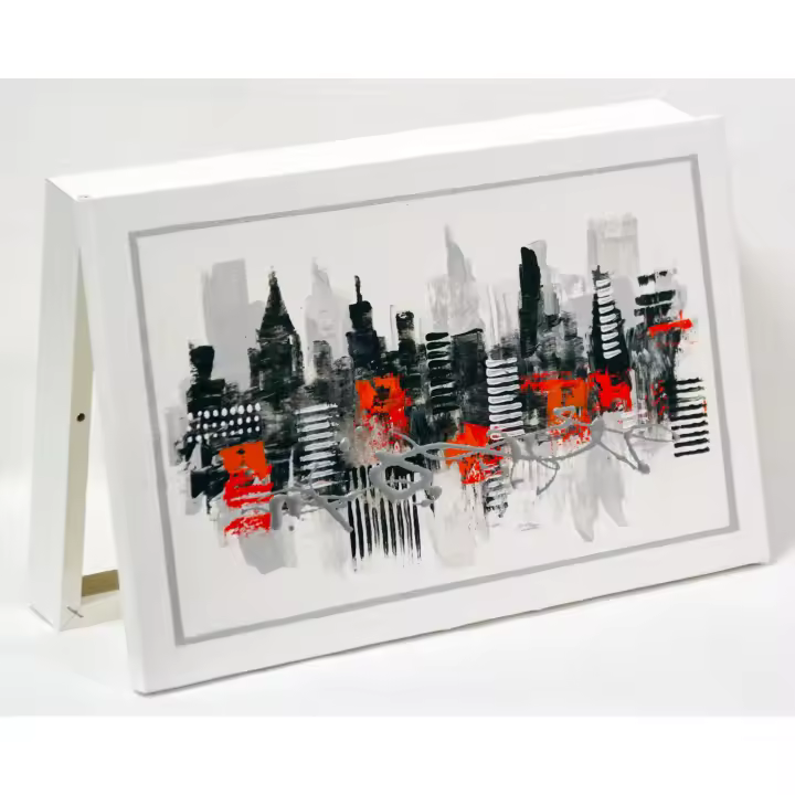 Cuadroexpres - Tapa de Contador Pintada a Mano, Ciudad Naranja, Medidas 37x22x4 cm (41x26x6 medida exterior) Con tornillos y tacos para colocar en la pared. Moderna, 100% Original, Muy Decorativa. Firmada por el Artista, Fabricada en España - 1