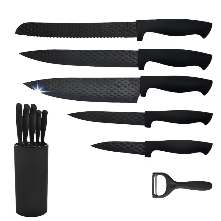 Bonplus BP  Set Cuchillos de Cocina Negros con Soporte  Juego de Cuchillos Profesionales Fabricados en Acero Inoxidable  Set de 6 Piezas  Pelador de Patas y Verduras  Soporte de Plástico  Accesorios de Cocina  Cocina - 1