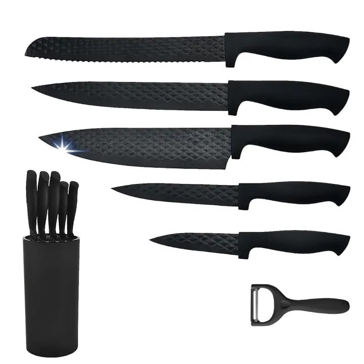 Bonplus BP  Set Cuchillos de Cocina Negros con Soporte  Juego de Cuchillos Profesionales Fabricados en Acero Inoxidable  Set de 6 Piezas  Pelador de Patas y Verduras  Soporte de Plástico  Accesorios de Cocina  Cocina - 1