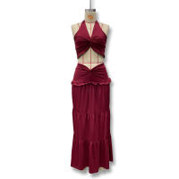 Conjunto Elegante De 2 Piezas Para Mujer Halter Sin Espalda Camisola De Cintura Elástica Con Volantes + Falda Larga De Encaje Sólida Vestido De Noche Para Fiesta Y Vacaciones En La Calle - details 11