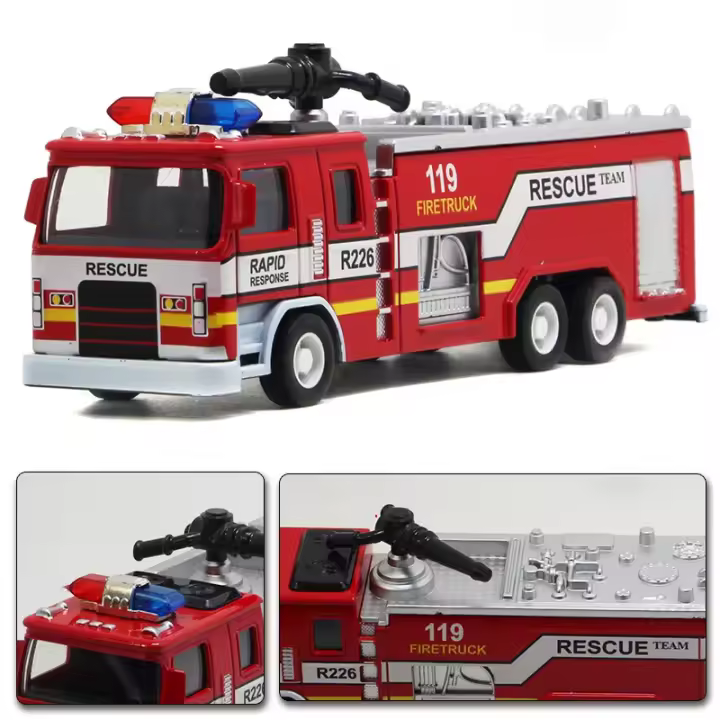 Camión De Bomberos De Escala 1:32 Juguete De Coche De Metal Con Ruedas De Goma Música Luz Función Retroalimentada Tanque De Agua Regalo Para Niños - 1
