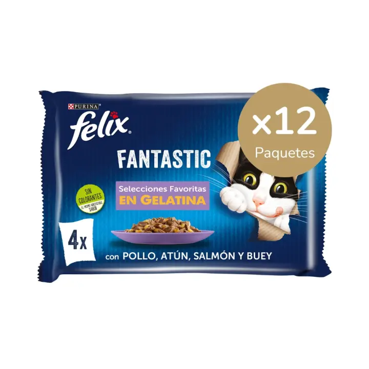 FELIX - Fantastic Gelatina (48x85 gr) - Comida Húmeda Selecciones Favoritas (Pollo, Salmón, Atún y Buey) (12x4x85 gr) - 1