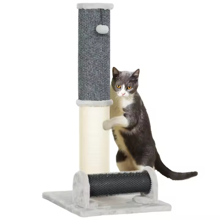 PawHut Poste Rascador para Gatos 85 cm Arañador para Gatos con Poste de Sisal Cepillo de Auto Acicalado y Bola de Juguete Gris y Crema - 1