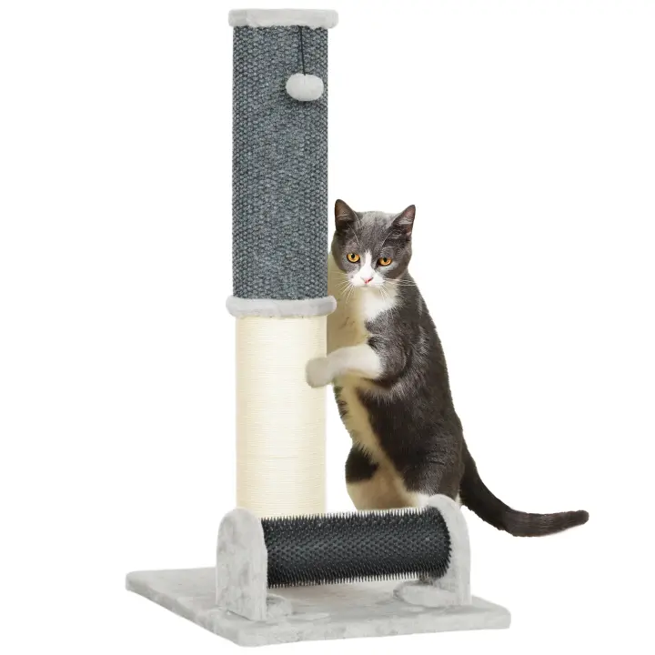 PawHut Poste Rascador para Gatos 85 cm Arañador para Gatos con Poste de Sisal Cepillo de Auto Acicalado y Bola de Juguete Gris y Crema - 1
