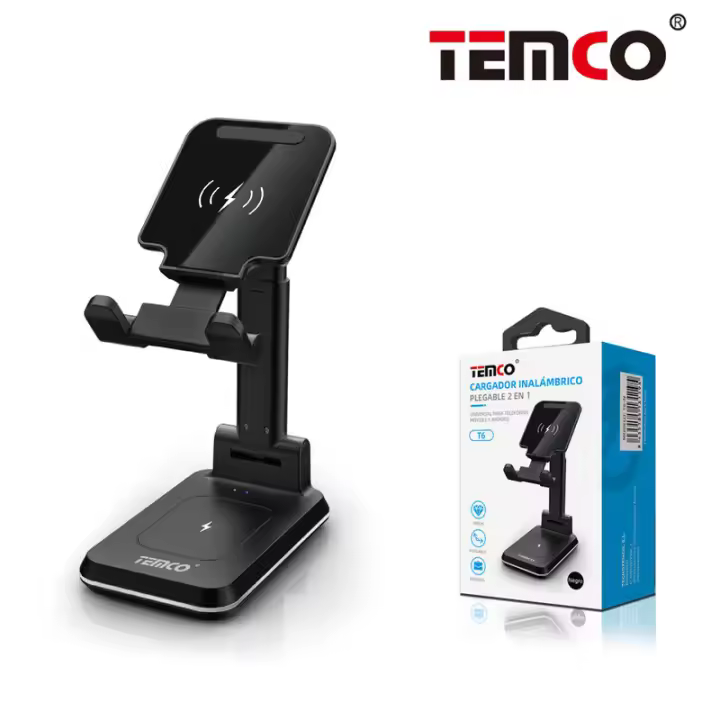 TEMCO Soporte de teléfono de carga inalámbrica, Soporte plegable 2 en 1 para teléfono celular y tableta, Cargador doble, carga inalámbrica de 10 W máxima habilitada para Qi, soporte de metal ajustable para teléfono compatible con iPhone 13/Pro/XR, etc - 1