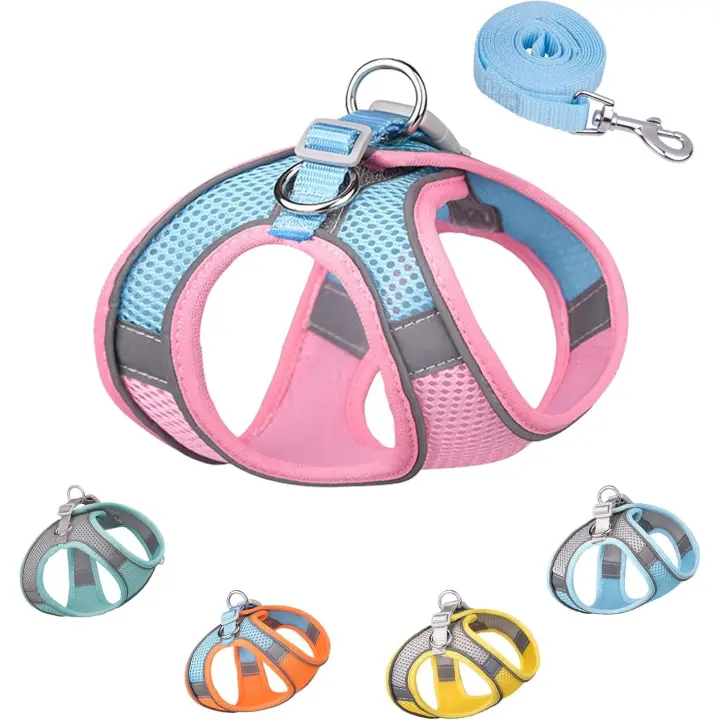 Arnés para perros pequeños y medianos, fácil de poner, conjunto de arnés y correa de malla suave para gatitos y cachorros, L, rosa - 1