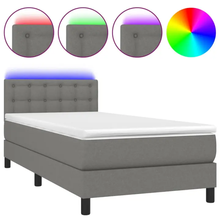 vidaXL Cama box spring colchón y luces LED tela gris oscuro 90x190 cm - 1