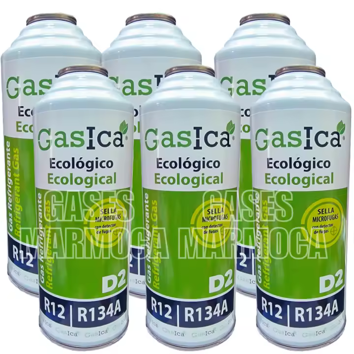 Pack ahorro de 6 botellas D2 226gr. Gasica - Sustituto R134A - Eficiencia máxima, 100% ecológico y orgánico - Equivale a 580gr. - 1