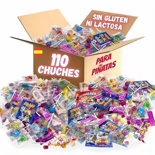 Mega Pack 110 Chuches Cumpleaños. Chuches Relleno Piñata. Chuches Sin Gluten ni Lactosa. Gominolas. Golosinas. Pack Chuches. Chuches Piñata. Chucherias Relleno Piñatas de Cumpleaños Infantil. Piruletas. Escalofríos. Draculas. Pulseras.  Cumpleaños MANLOZ. - 1