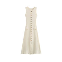 Vestido Midi Tejido De Mujer TRZA Chic Con Botones Dorados Estilo Casual Cuello Redondo Sin Mangas Silueta Recta Talla Media Estación Universal - details 2