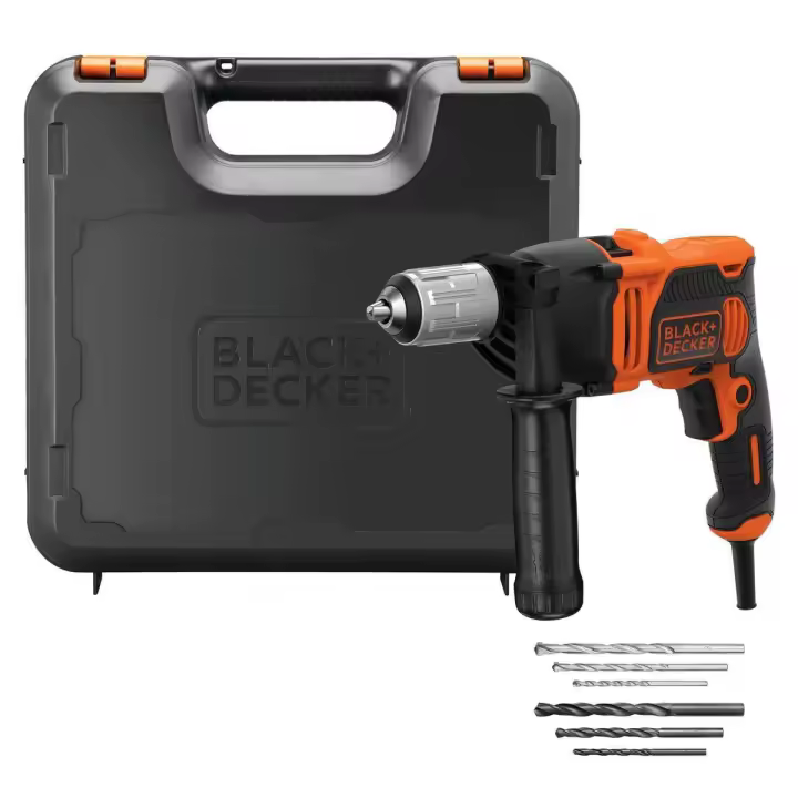 Black and Decker Taladro Percutor 850W, BEH850K-QS, portabrocas 13mm metal, 0 - 3.100 rpm, 54.400 ipm. Incluye 3 brocas (mampostería), 3 brocas (madera), empuñadura lateral y maletín - 1