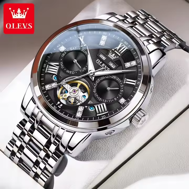 Reloj Mecánico Para Hombre OLEVSSkeketon Flywheel Auténtico Resistente Al Agua Luminoso Calendario Perpetuo Display Romano Acero Inoxidable - 1