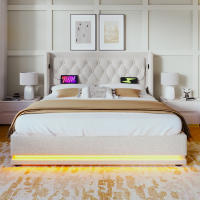 Cama Doble Tapizada en Algodón Beige 180x200 cm | Cama Hidráulica with Espacio de Almacenamiento | Cabecero with Cargas USB Typo-C | Iluminación LED en Tres Lados | Sin Colchón Includo | Diseño Moderno para Habitación principal - details 0