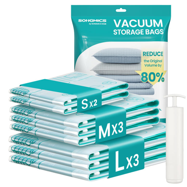 SONGMICS Bolsas de Almacenamiento al Vacío, Bolsa de Almacenaje para Ropa, Sábanas, Armarios y Viaje, Compactas y Reutilizables, Bomba Manual Incluida, Juego de 8, 2S/3M/3L, Transparente