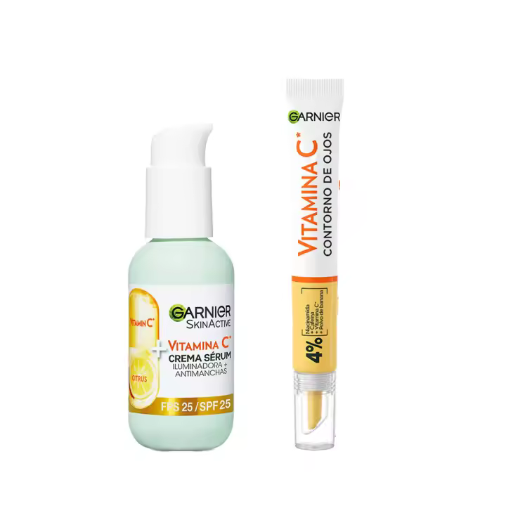 Garnier | Pack Vitamina C con Crema Sérum con SPF 25. Alta Concentración de sérum con Vitamina C y Protección Solar para Proteger la Piel de las Manchas del Sol 50ml + Contorno de Ojos con Vitamina C + Niacinamida + Cafeína + Polvo de Banana 15ml - 1