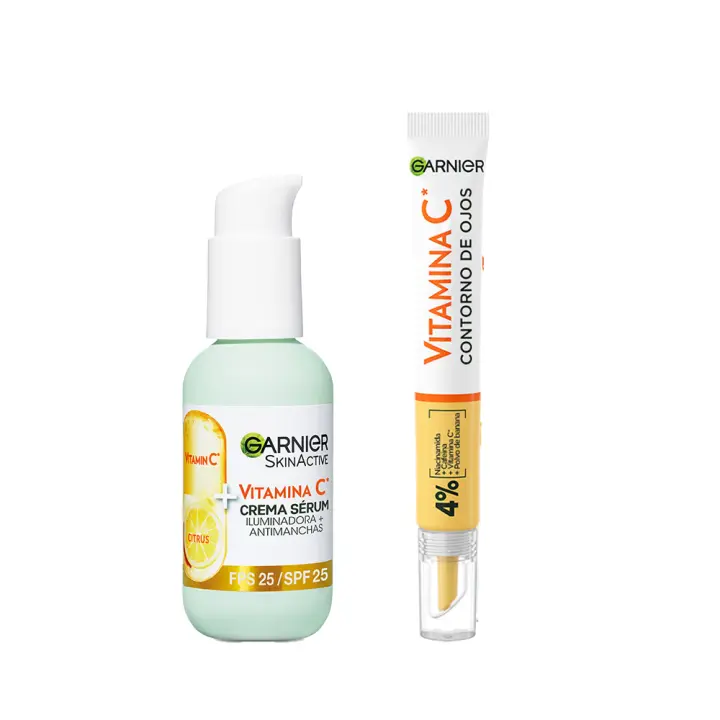 Garnier | Pack Vitamina C con Crema Sérum con SPF 25. Alta Concentración de sérum con Vitamina C y Protección Solar para Proteger la Piel de las Manchas del Sol 50ml + Contorno de Ojos con Vitamina C + Niacinamida + Cafeína + Polvo de Banana 15ml - 1