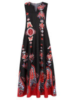 Vestido Largo Sin Mangas Para Mujer Estilo Vintage Con Flores Y Diseño V En El Cuello Vestido De Verano De Tela Poliéster Midi - details 1