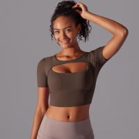 Camiseta de manga corta para Yoga, Top Sexy de Doble Capa, ropa de Malla empalmada, Sujetador Deportivo para correr y Fitness, Color sólido, Mujer - details 7