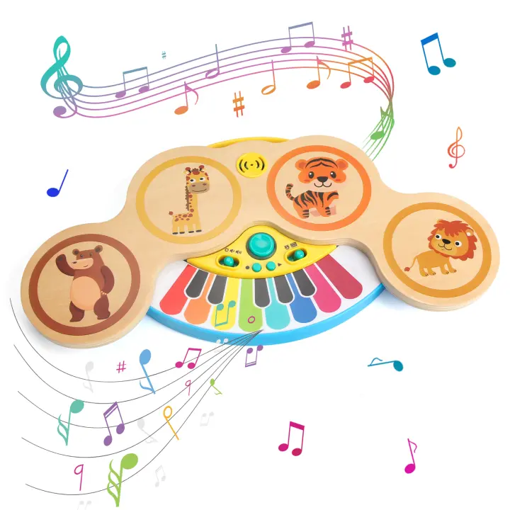 Teclado De Madera Con Batería Y Luz Juguete Educativo Para Bebés De 12 Meses Instrumento Musical Con Animales De Peluca Regalos Para Niños - 1