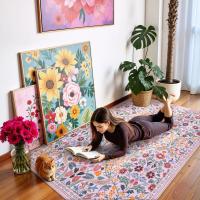 Alfombra Bohemio Floral Vibrante Para Sala De Estar Decorativa Anti-deslizante Lavable Minimalista Para Dormitorio Y Baño - details 4