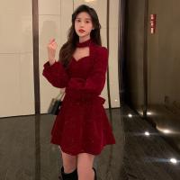 Vestido De Mujer Para Otoño Y Invierno Con Cintura Alta Y Cuello Navideño Vestido De Pierna Larga Y Manga Larga De Poliéster - details 11