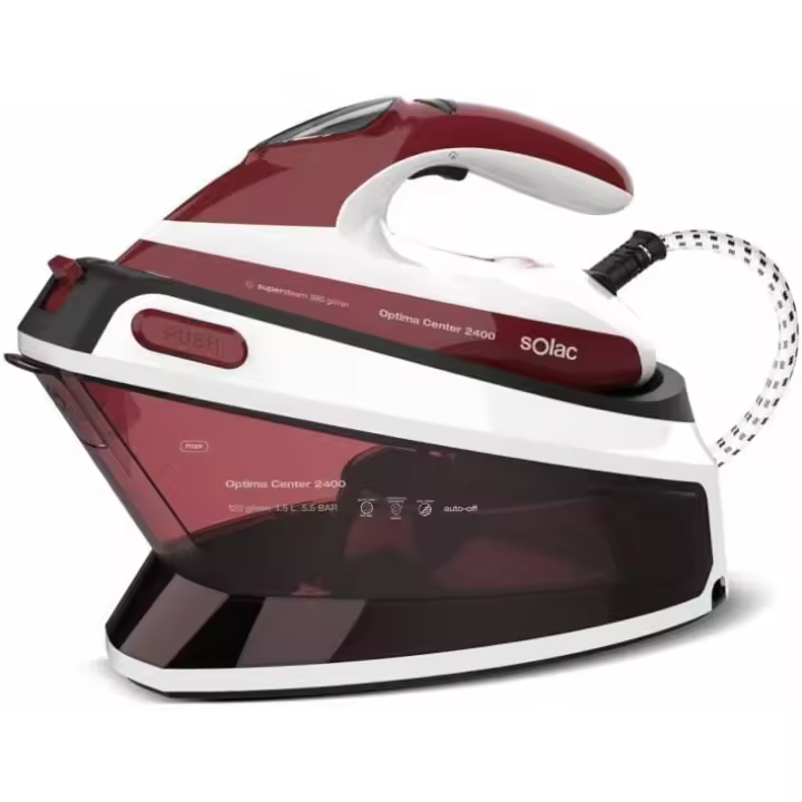 Solac - Centro de planchado Optima Center 2400W con suela cerámica, Alta presión a 5,5 bares y sistema de seguridad auto apagado, SuperSteam 380g/min, Vapor 120g/min. Punta de precisión. Capacidad 1.5L. Camisas, camisetas, pantalones, algodón - 1