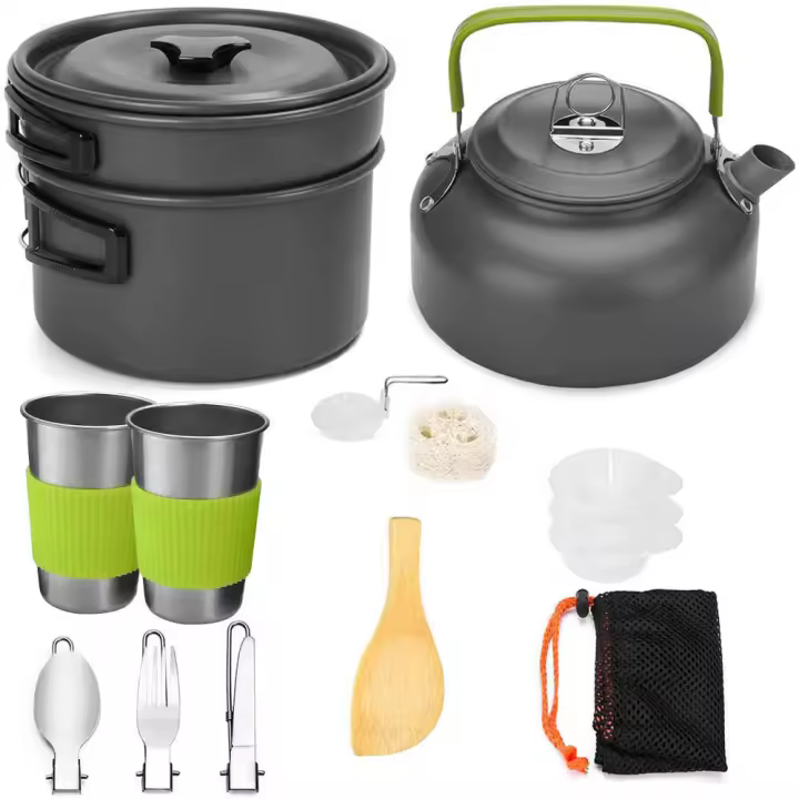 Juego De Cocina Para Camping Kit De Utensilios De Cocina Y Comestibles Para Exteriores Tetera De Viaje Y Picnic Equipamiento De Aluminio Plegable Para 2-3 Personas - 1