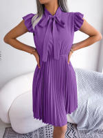 Vestido Elegante De Mujer Con Cintura Alta Y Volantes Para Primavera Y Verano Estilo Casual Collar Con Lazo Cuello Alto Y Mangas Batwing - details 21