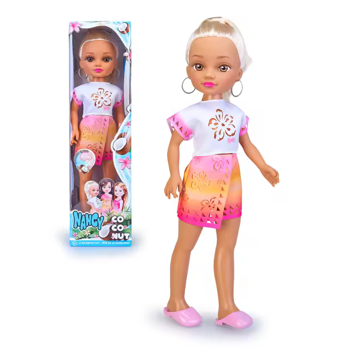 Nancy Coconut Blonde, Muñeca Vestida con un Conjunto Veraniego, Rubia de Ojos Marrones con Tez Oscura, Juguete con Olor a Coco Real, +3 años, Famosa (NAC88100) - 1