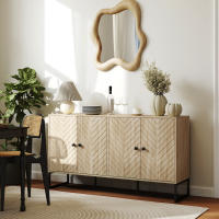 HOMCOM Aparador de 4 Puertas con Diseño Chevron, Aparador de Salón con Estantes Ajustables, Patas de Acero, para Cocina, Entrada, Dormitorio, Roble, 140,5x40x81,5 cm - details 3