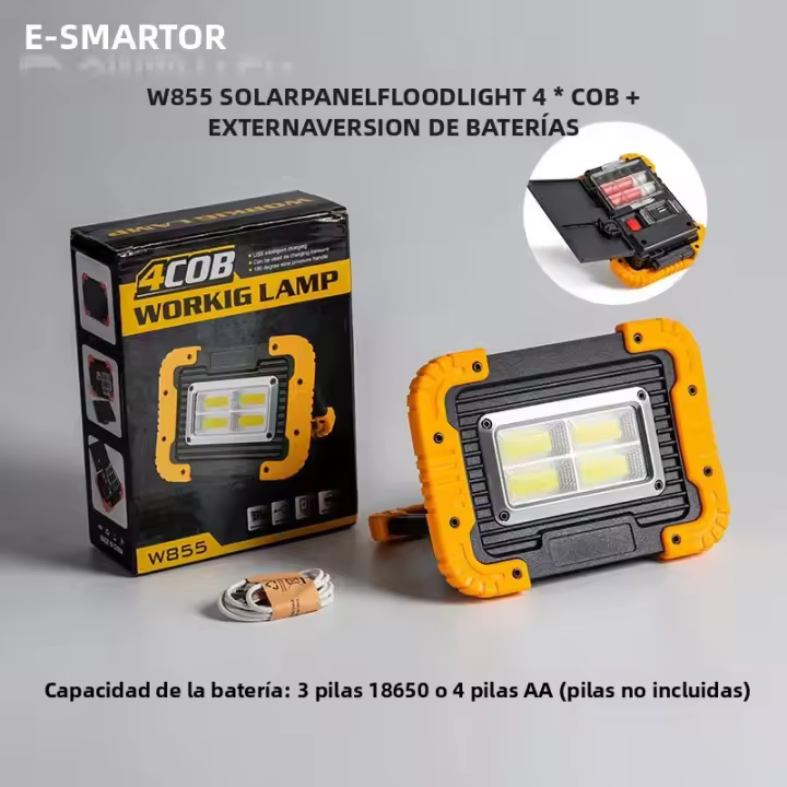 Lámpara De Trabajo Solar Portátil Super Brillante 4 COB 3000LM Flashlight Con Panel Solar Para Camping Al Aire Libre Emergencias Faro De Inundación - 1