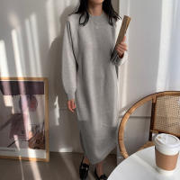 Vestido Largo Casual De Otoño Invierno REALEFT Para Mujer Suéter De Lana Gruesa Con Cuello Redondo Manga Larga Sobremano Suelto - details 7