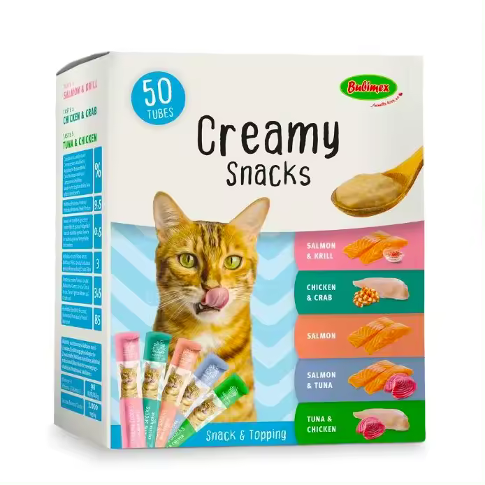 BUBIMEX CREAMY SNACKS (50und x 15grs), Snacks para gatos de  Salmón & Krill,  Pollo & Cangrejo, Salmón & Atún, Salmón y Atún & Pollo, snack gato, Snacks Saludables , Premio para Gatos, Premio Delicioso, snack liquido - 1