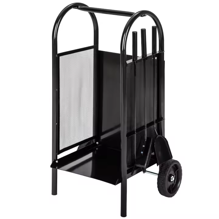 Tectake - Carrito para leña con pala, atizador y escobilla  Con un diseño elegante que se adapta a su hogar  Estructura estable de chapa perforada  Ruedas robustas de plástico muy silenciosas - 1