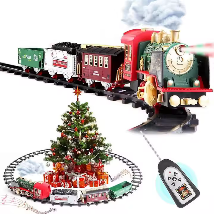 Christmas Tree Train Set, Latest Rechargeable Remote Control Electric Train Toy with Steam, Lights and Sounds, Electric Train Toy Railway Kit - 1