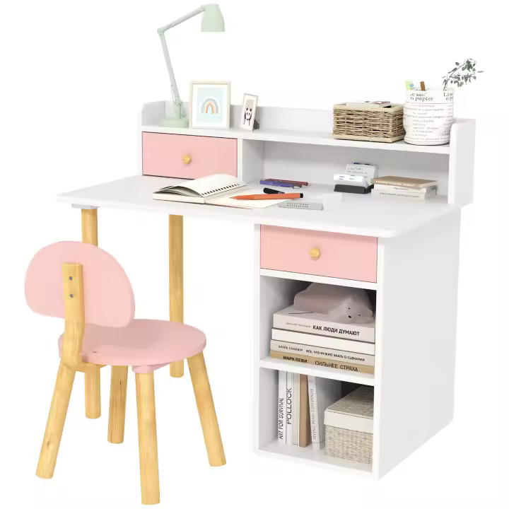 AIYAPLAY Juego de Escritorio y Silla para Niños de +3 Años Pupitre Infantil con Cajones Compartimento y Estantes para Dormitorio Sala Estudio - 1