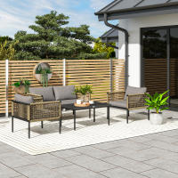 Outsunny Conjunto de Jardín Exterior de Ratán Sintético de 4 Piezas Muebles de Jardín Exterior Incluye 1 Sofá Doble 2 Sillones y Mesa de Centro con Cojines Natural y Gris - details 1