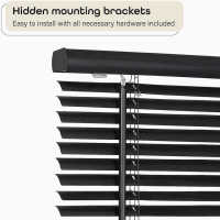 Black Plain PVC venetian Blind - Width 114cm x Drop 213cm - 25mm Horizontal Slats - Easy Fit Trimmable fitting with Tilt control Wand Mechanism - details 1